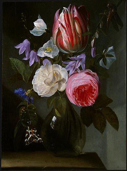 Jan Philip van Thielen Roses and a Tulip in a Glass Vase. oil painting image